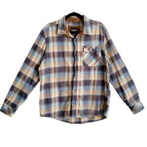 CQR Beige Gray Blue Plaid Flannel Corduroy 100% Cotton Button-Up Shirt Men's L